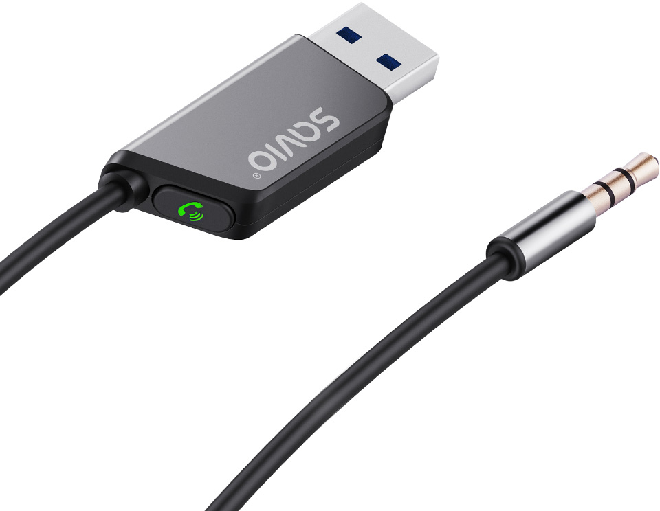 Egy USB-C - 3,5 mm-es audio adapter kábel, fekete kábel, szürke USB-C és 3,5 mm-es csatlakozó.
