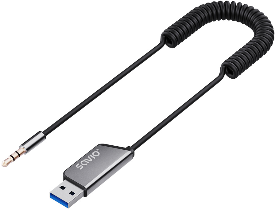 Fekete-ezüst audiókábel, spirálisan. USB csatlakozóval és 3,5 mm-es jackkel rendelkezik.
