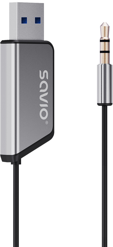 Egy USB-aux kábel. Az egyik vége USB, a másik aux. A kábel fekete.
