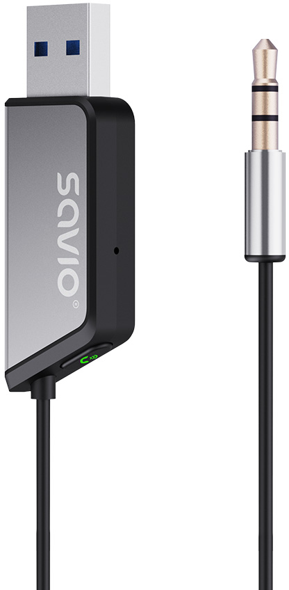 Ezüst USB adapter fekete kábellel és 3,5 mm-es audiocsatlakozóval.
