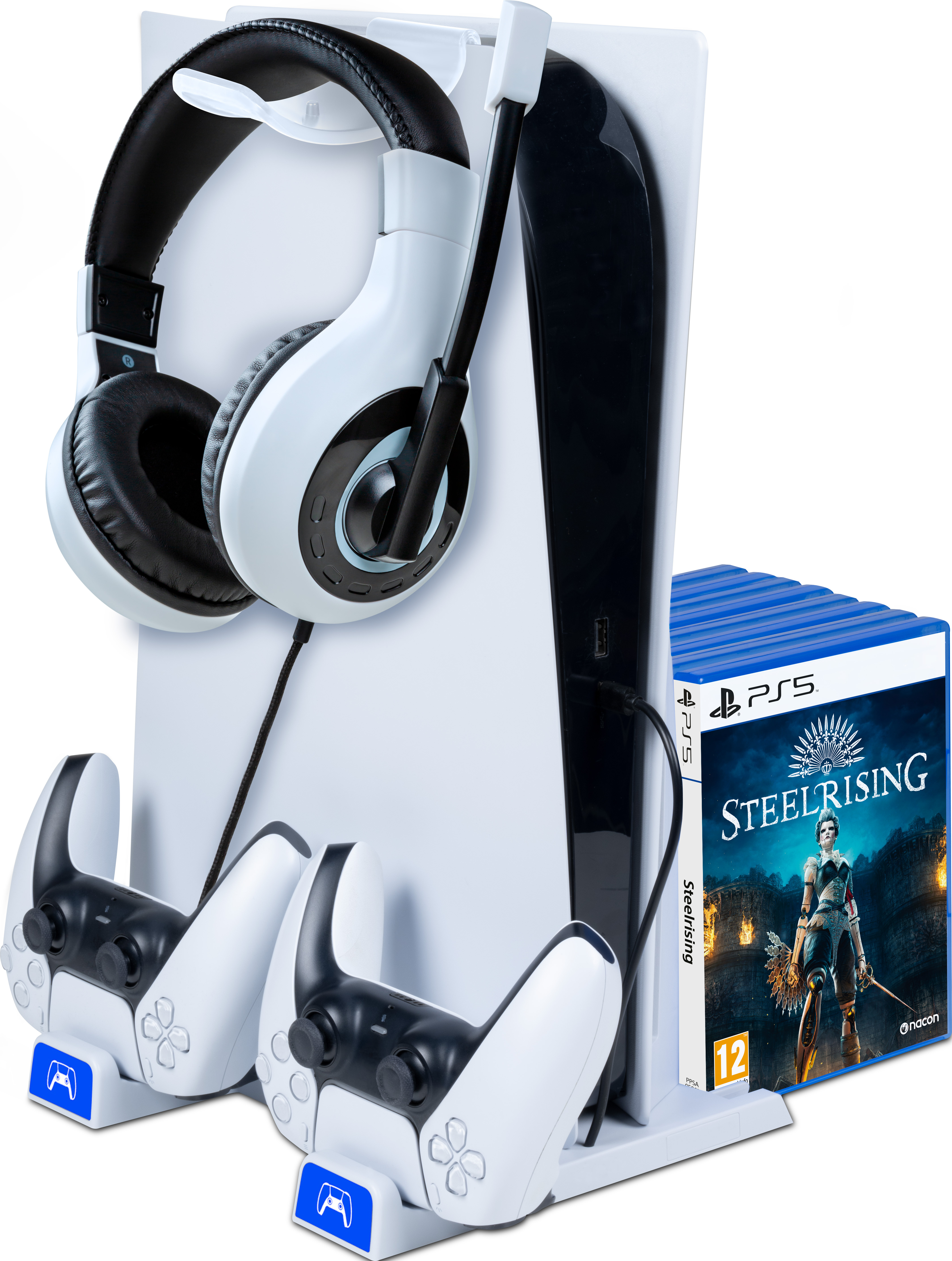 Console PS5 blanche avec casque, manettes et une boîte de jeu.