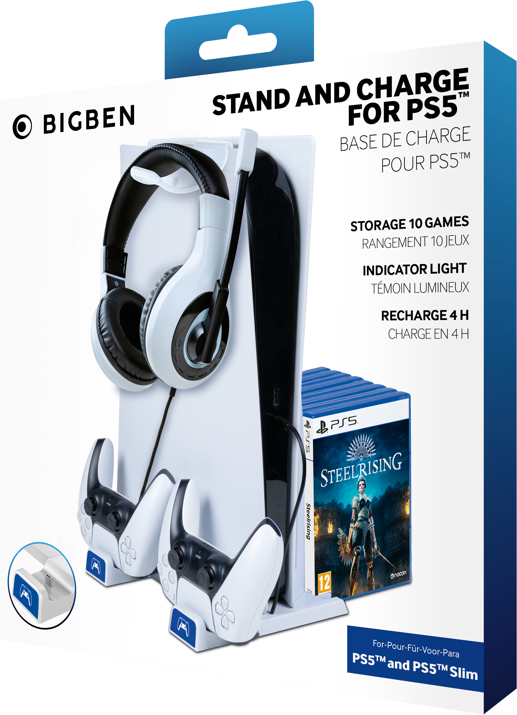 Support Bigben PS5 avec casque, manettes et boîte de jeu. Couleurs blanc, noir et bleu.