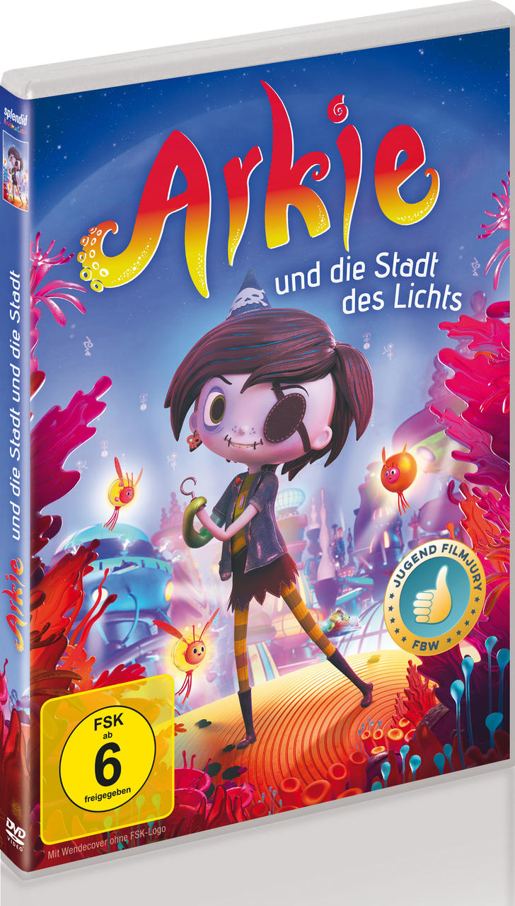 DVD-Cover für Arkie und die Stadt des Lichts. Animiertes Mädchen mit Piraten-Augenklappe. Bunter Hintergrund.