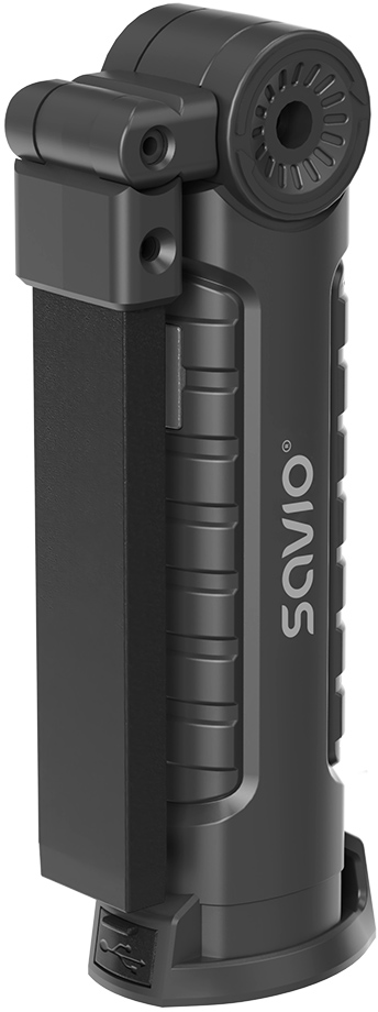 Fekete, szögletes Savio zseblámpa forgatható fejjel, oldalsó gombbal és USB töltőporttal.