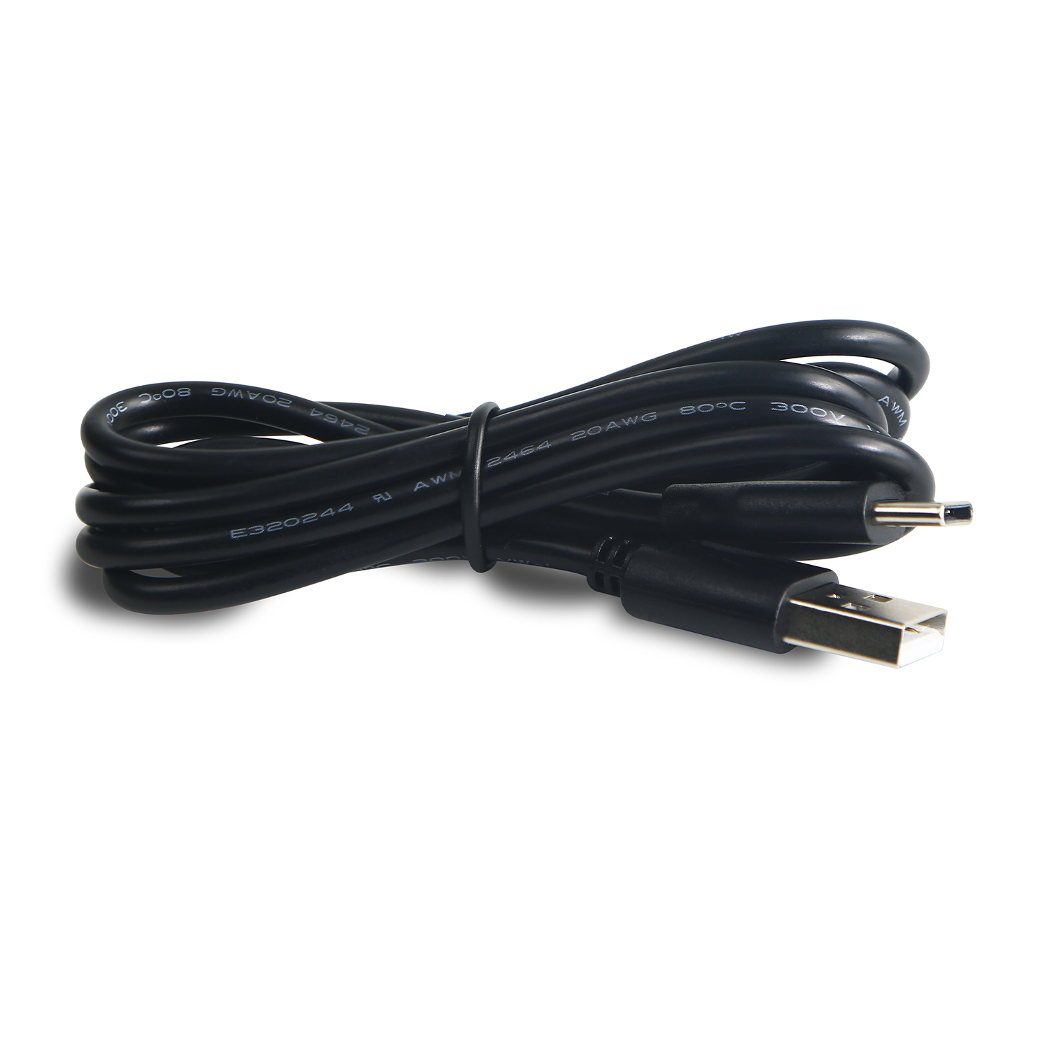 Cavo USB nero con connettore USB e DC, arrotolato su sfondo bianco.