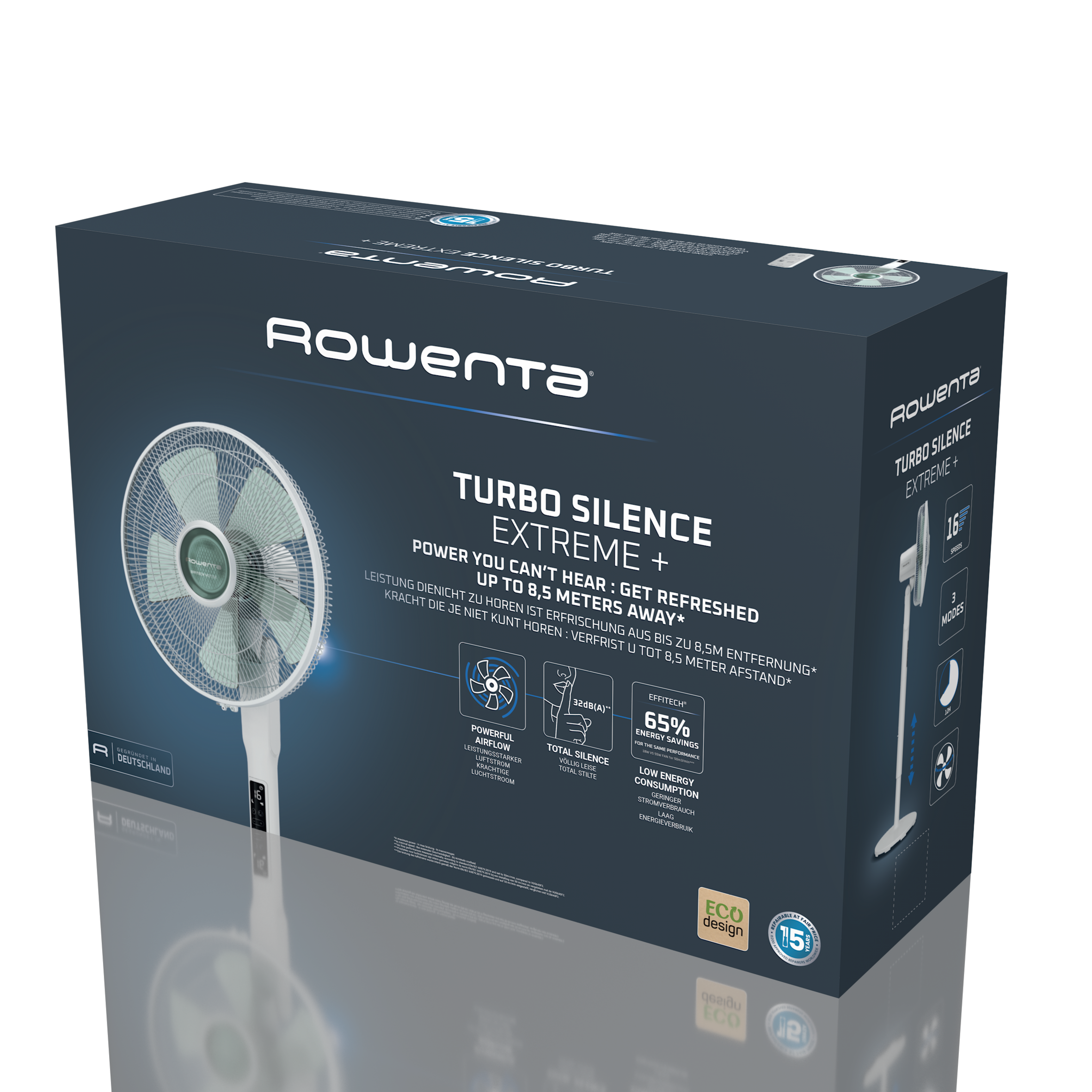 Un ventilador Rowenta Turbo Silence Extreme+, inclinado sobre una superficie oscura y reflectante.