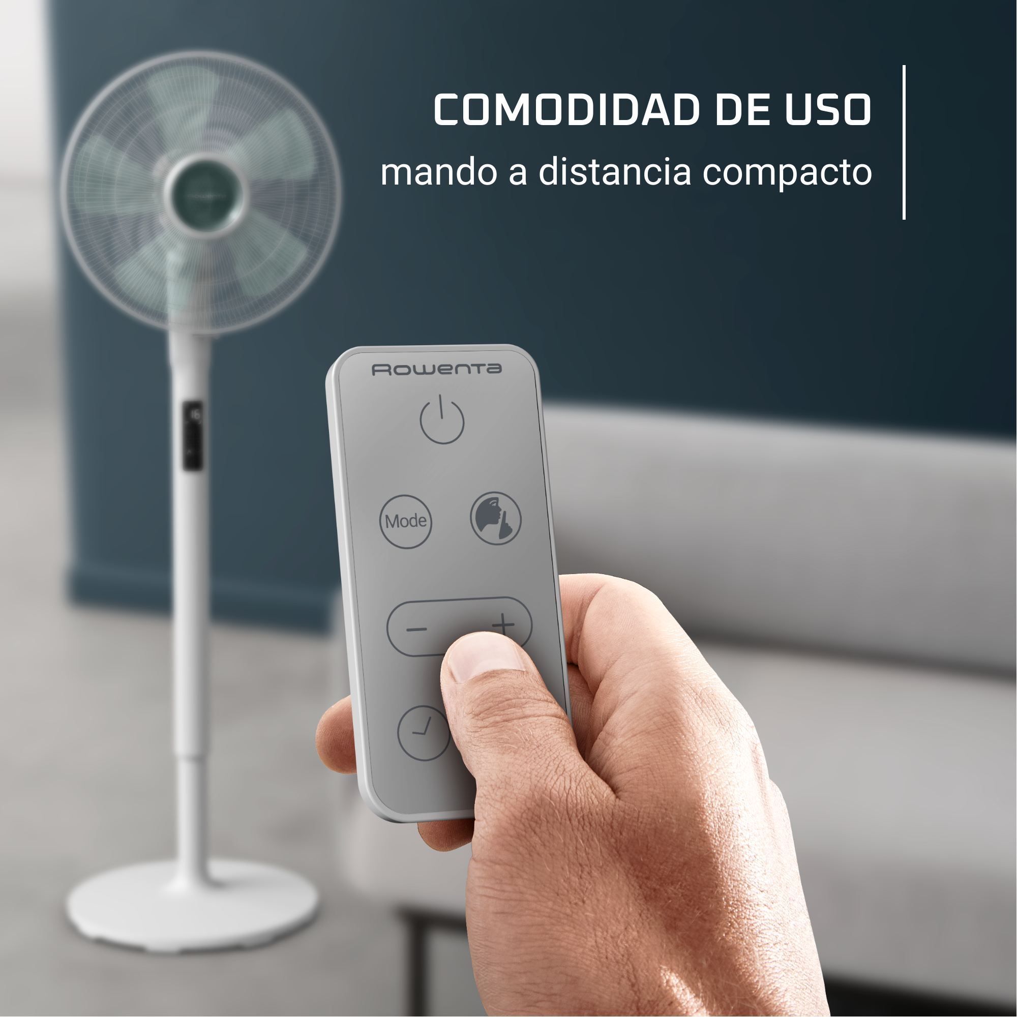 Una mano sosteniendo un mando a distancia frente a un ventilador, con texto, 'COMODIDAD DE USO'.