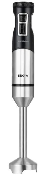Srebrny i czarny blender ręczny, z czarnym wierzchem i srebrną podstawą. Ma 1500W i długi uchwyt.