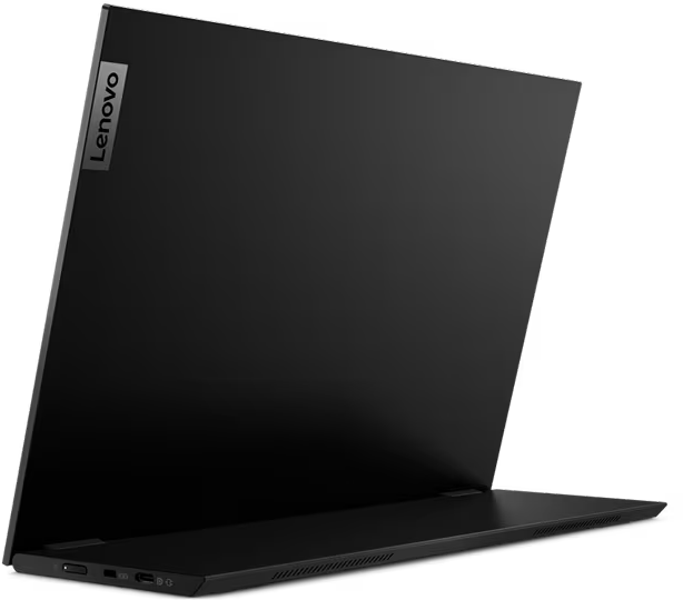 Ein schwarzer Laptop wird aus einem Winkel betrachtet. Das Lenovo-Logo ist oben sichtbar.