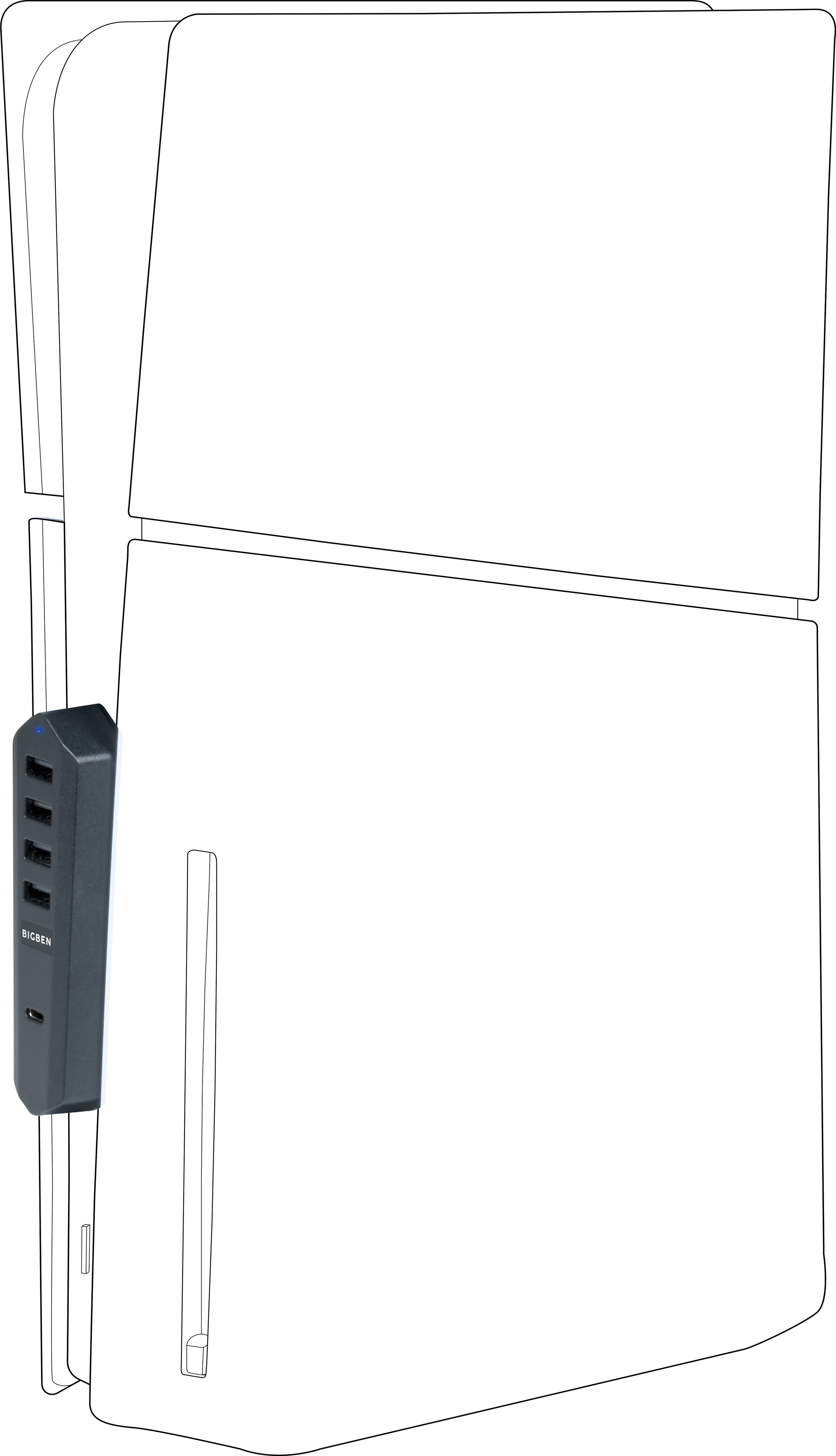 Console PS5 avec un hub USB connecté. Panneaux blancs avec un hub noir.