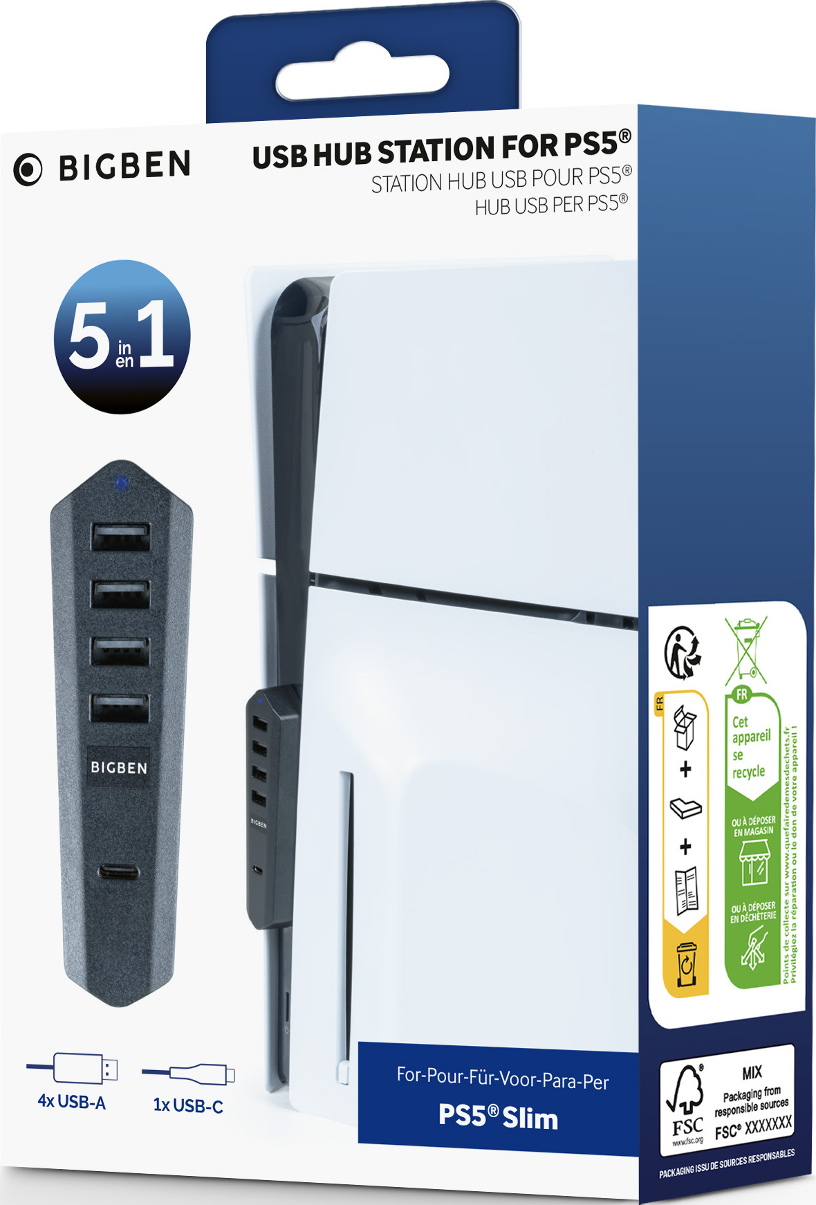 Un emballage de station hub USB Bigben pour PS5. Il a un hub et une image de console PS5.
