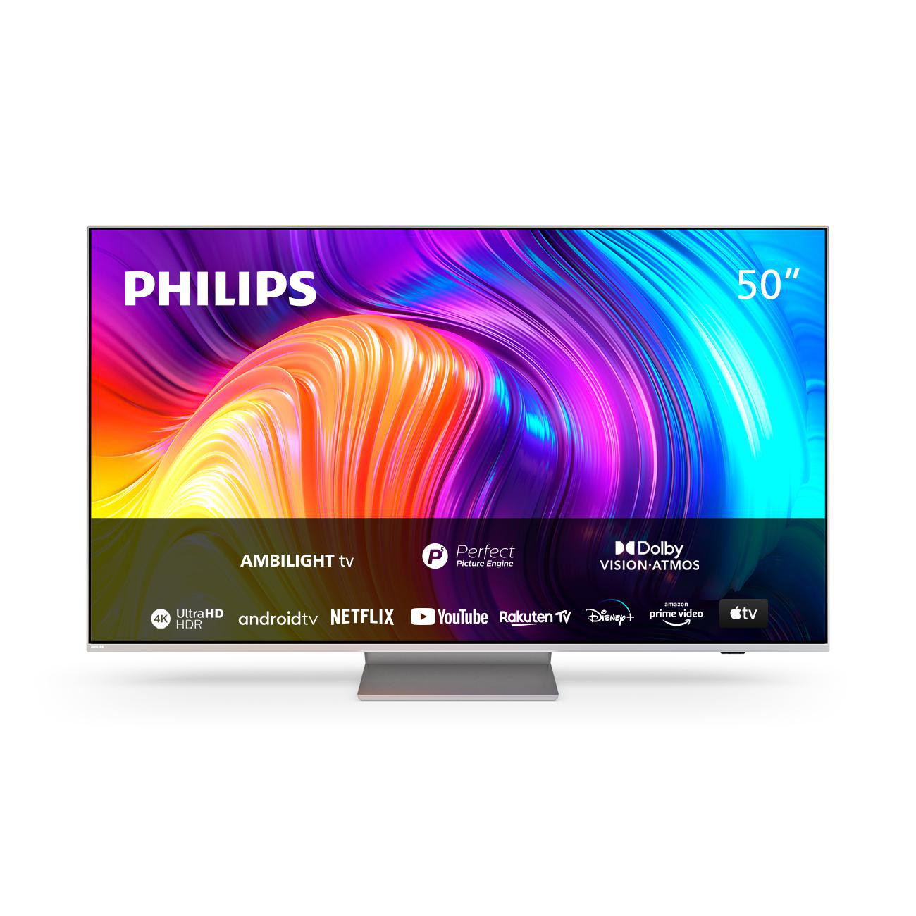 Ein 50-Zoll-Philips-Fernseher mit farbenfrohen Bildern. Es hat mehrere Streaming-Dienstlogos.