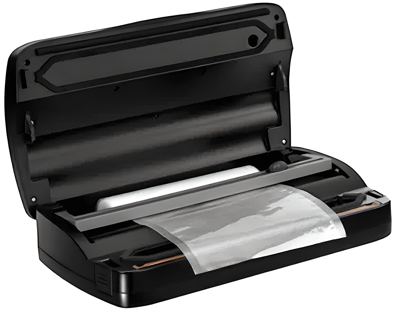 Czarna zgrzewarka próżniowa z przezroczystą torbą do zgrzewania.