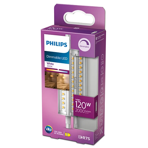 LED-Glühbirnenbox mit Produktinfo, weißer Hintergrund. Philips-Logo, dimmbare LED.