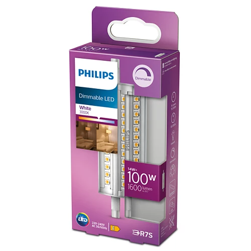 Verpackte Philips dimmbare LED-Leuchte. Lila und weiße Verpackung. Die Leuchte ist im Inneren zu sehen.