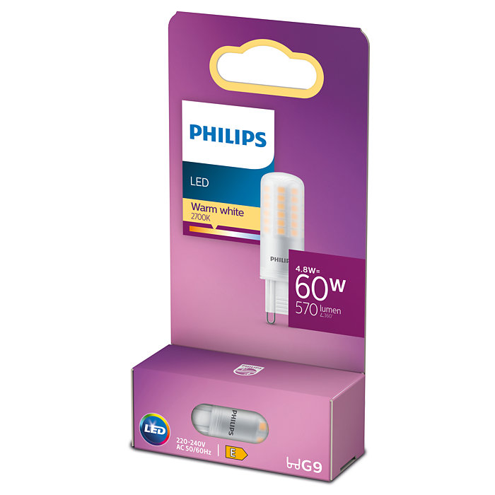 Philips LED-Glühbirnenverpackung mit Produktdetails auf lila und weißem Hintergrund.