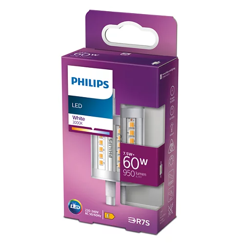 Philips LED-Glühbirnenverpackung, weiß und lila, mit 60W-Birne.