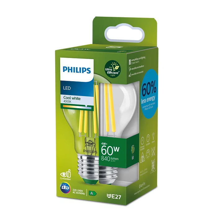 Eine Philips LED-Glühbirnenbox, die die Glühbirne zeigt. Es ist eine kaltweiße 60W-Äquivalent.