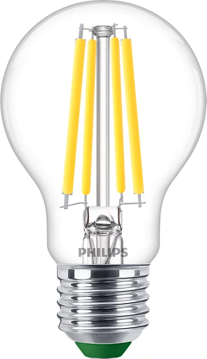 Klare Glühbirne mit gelben Filamenten. Die Birne hat einen silbernen Sockel und einen grünen Akzent unten.