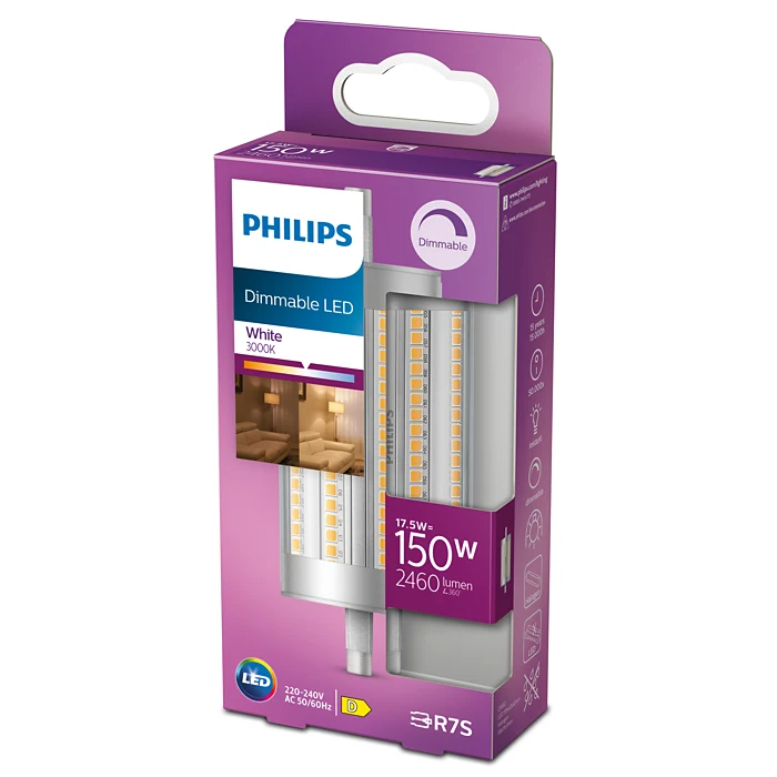 Verpackte Philips dimmbare LED-Glühbirne mit ihren Spezifikationen.