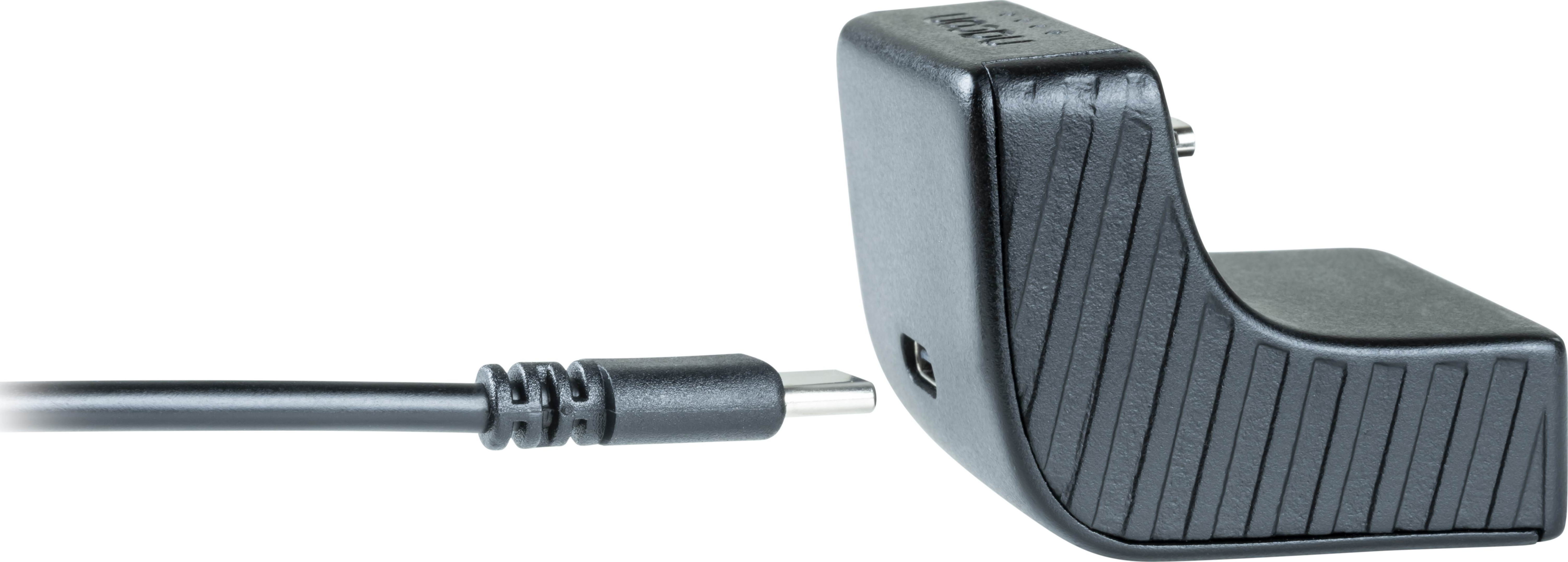 Eine schwarze Ladestation und ein USB-C-Kabel. Die Basis ist abgewinkelt und hat einen Anschluss.