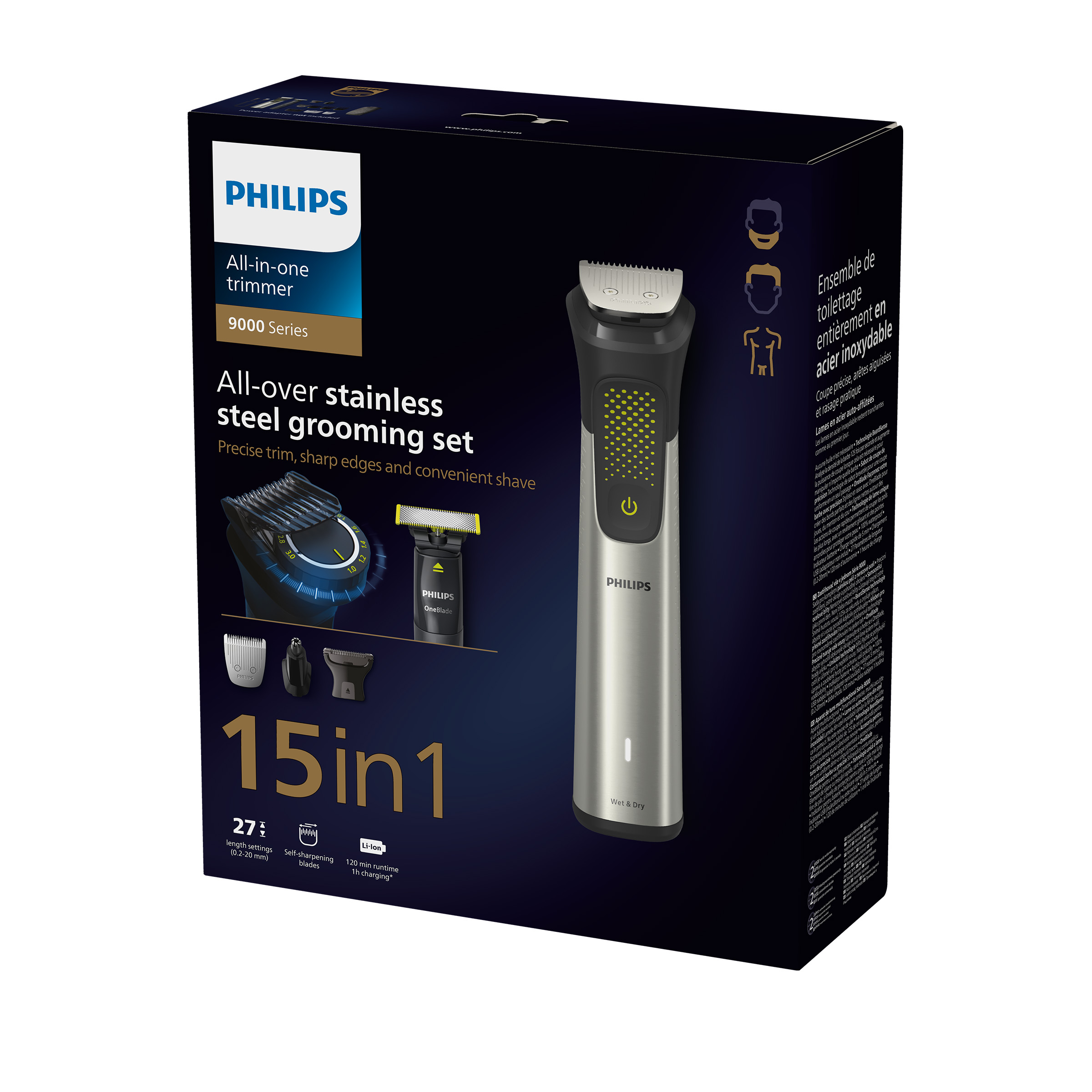 Pudełko trymera Philips All-in-one, ze zdjęciem trymera i akcesoriów.