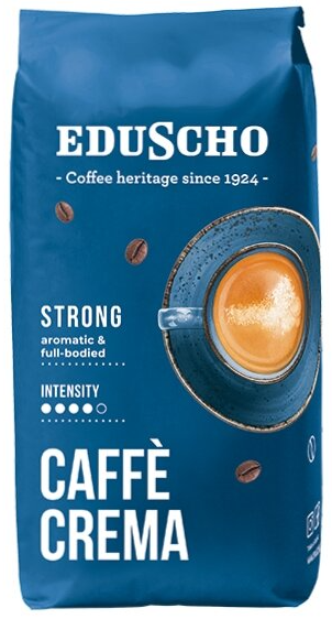 Niebieska torba z kawą z marką EDUCHO. Widoczne ziarna kawy i filiżanka kawy.