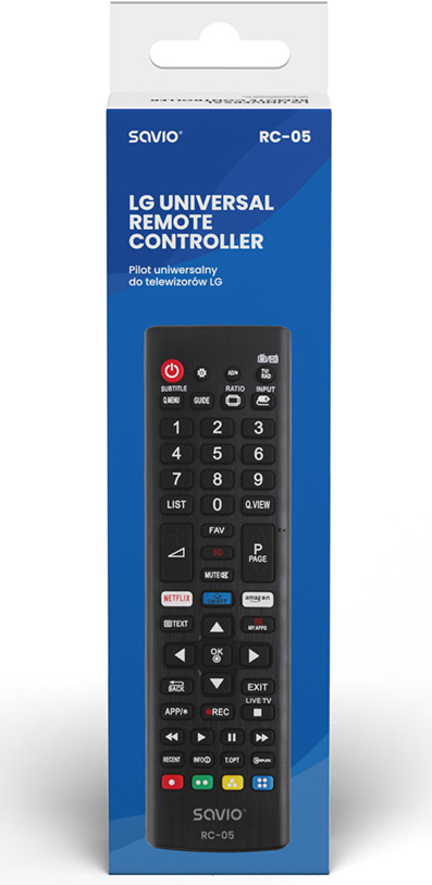 LG univerzális távirányító kék-fehér csomagolásban.