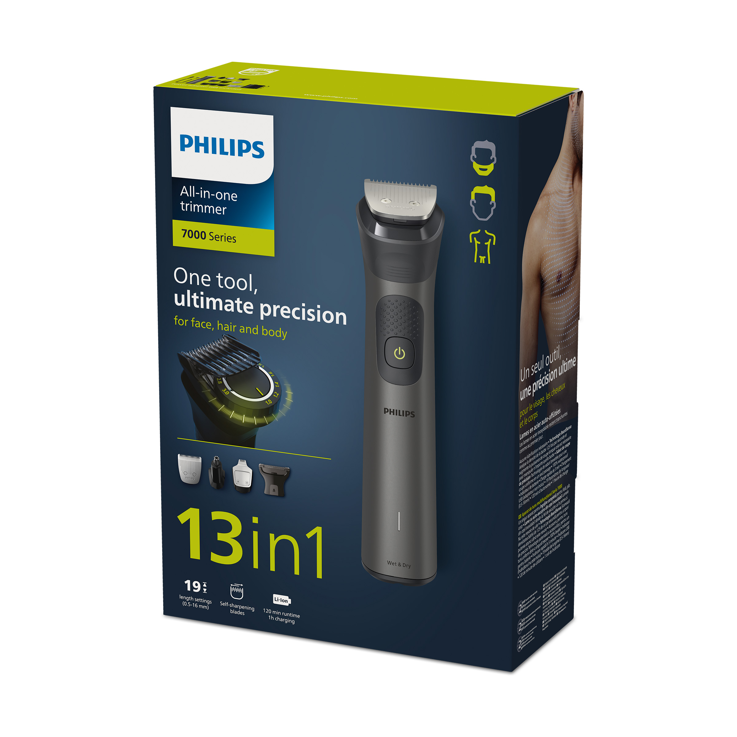 Pudełko produktu z trymerem Philips, akcesoriami i tekstem o cechach produktu.