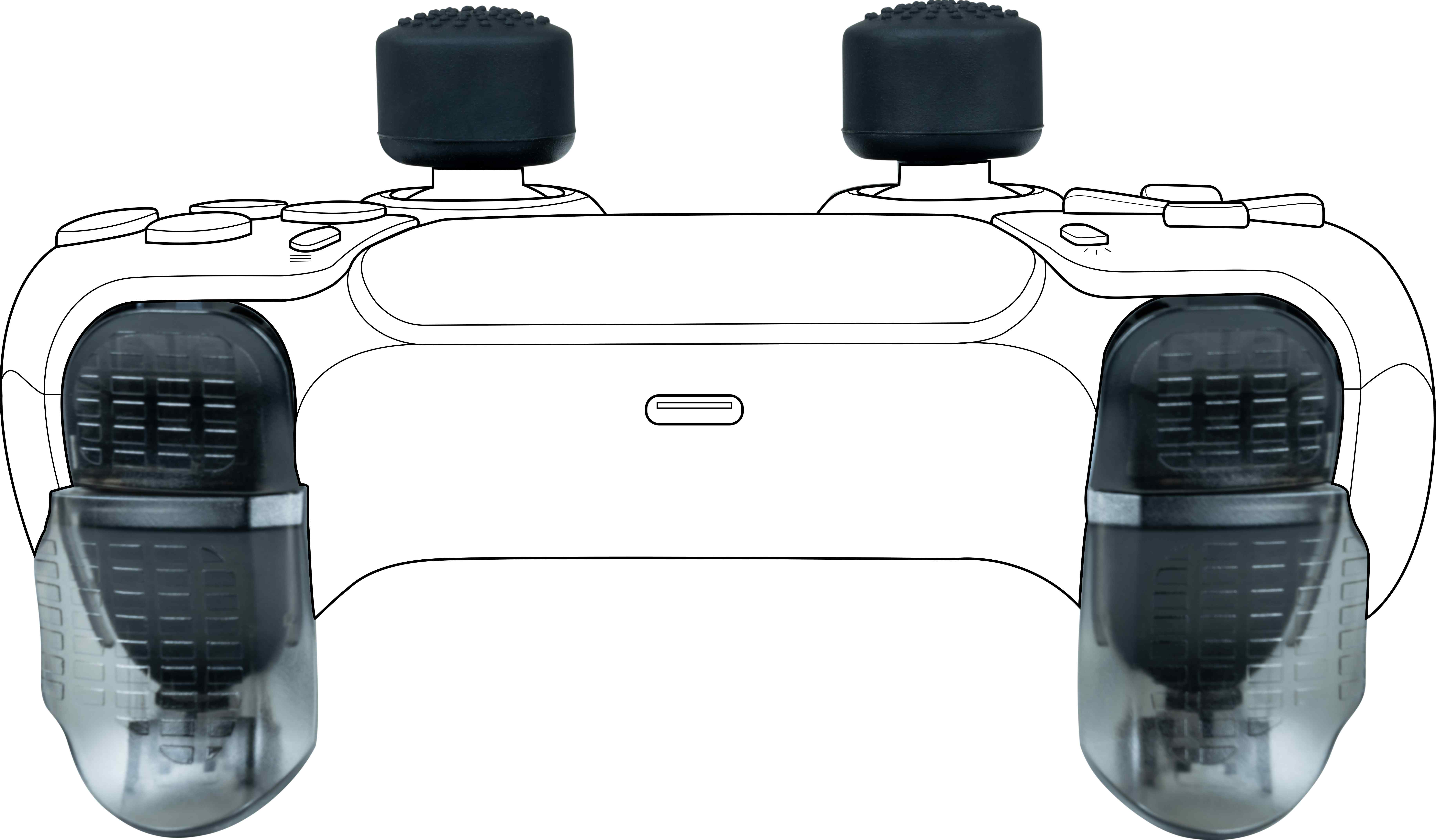 Manette noire et blanche avec des joysticks noirs et des poignées latérales transparentes.