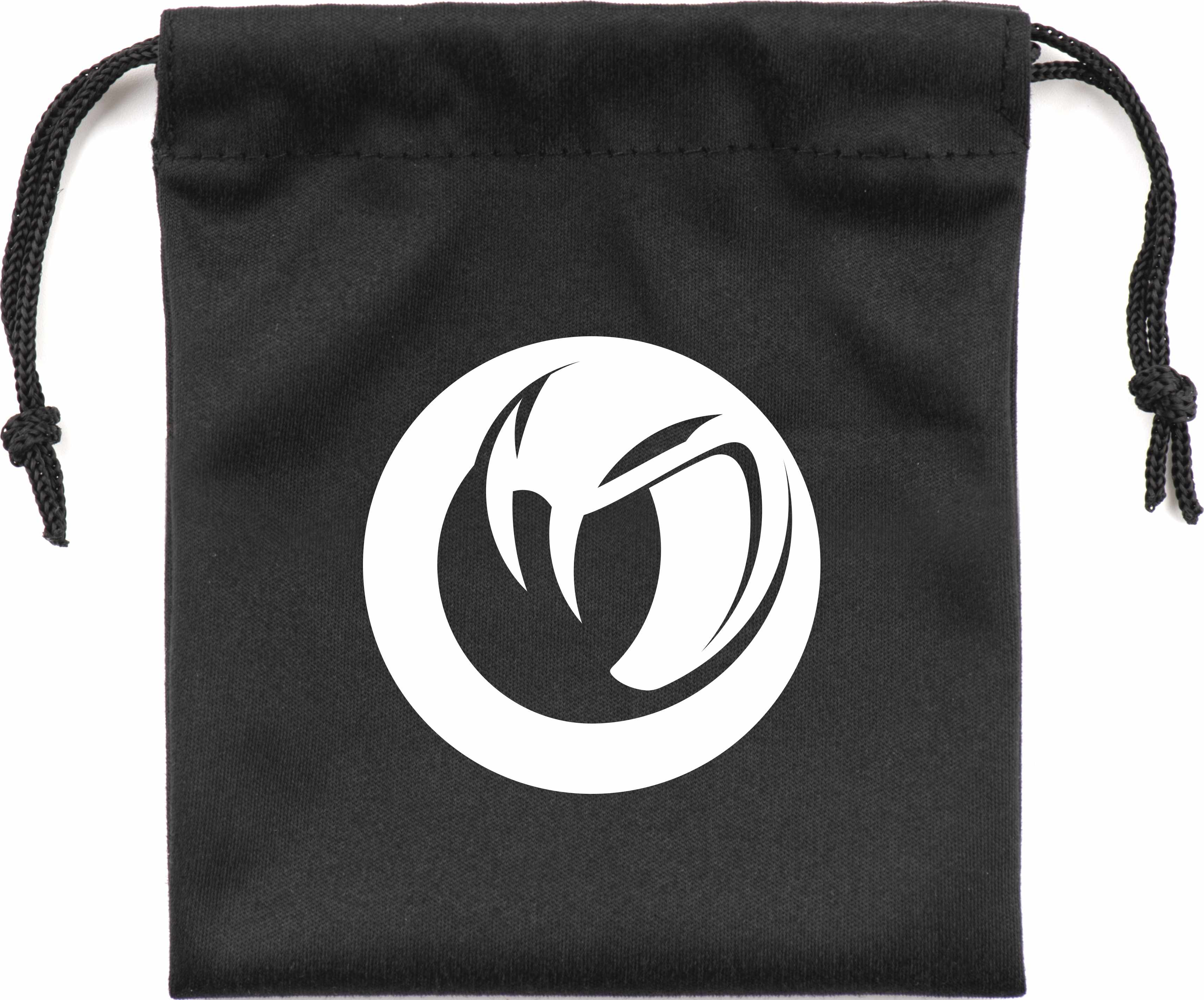 Un sac noir à cordon avec un logo blanc sur le devant.