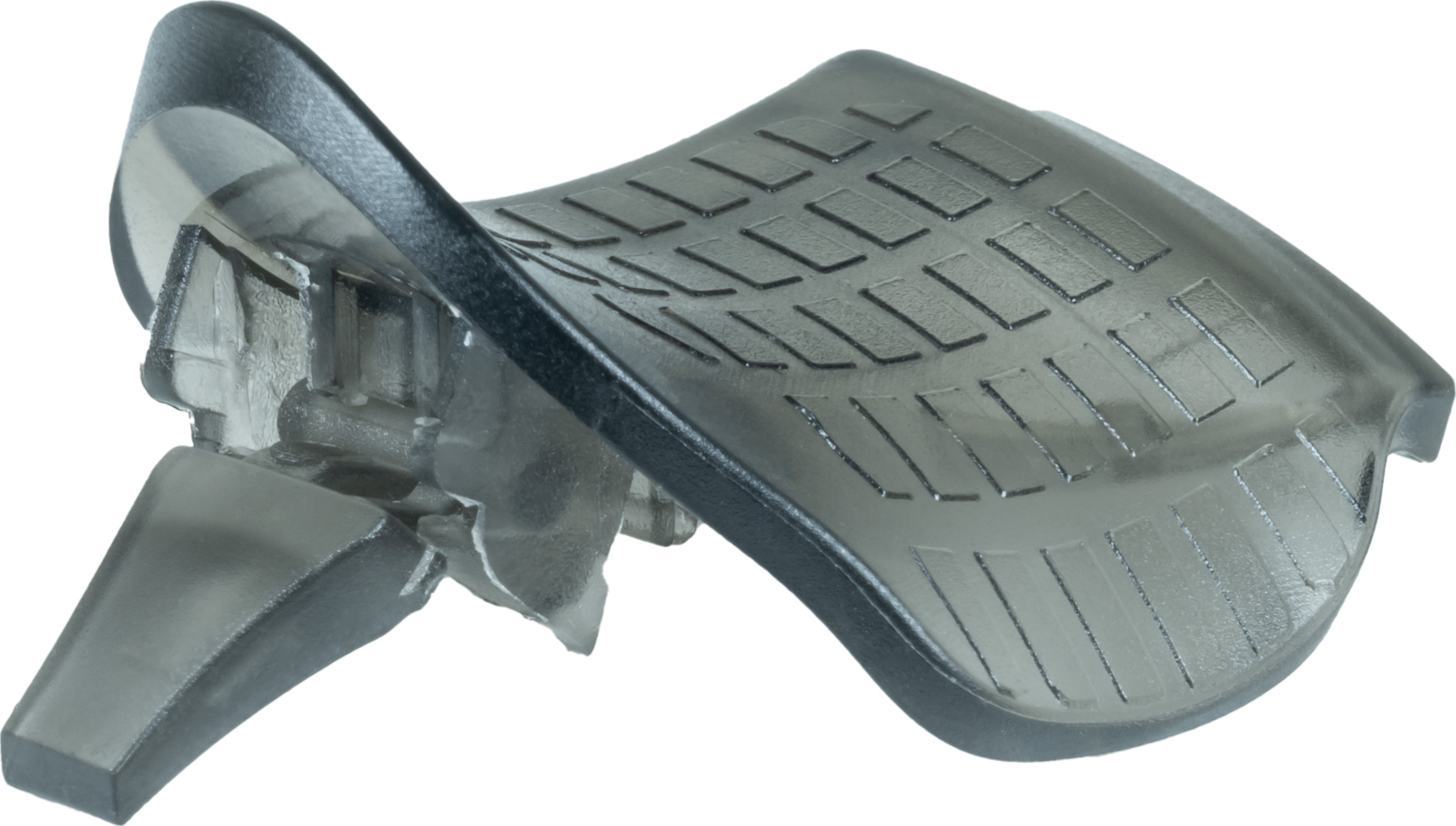 Un appareil en plastique noir et transparent avec une surface incurvée. Il a des boutons.
