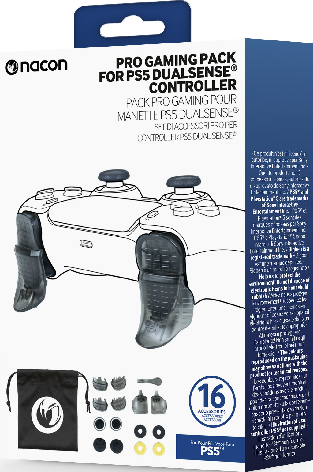Une boîte d'une manette PS5 Dualsense. La boîte contient l'image de la manette et des accessoires. C'est un fond noir.