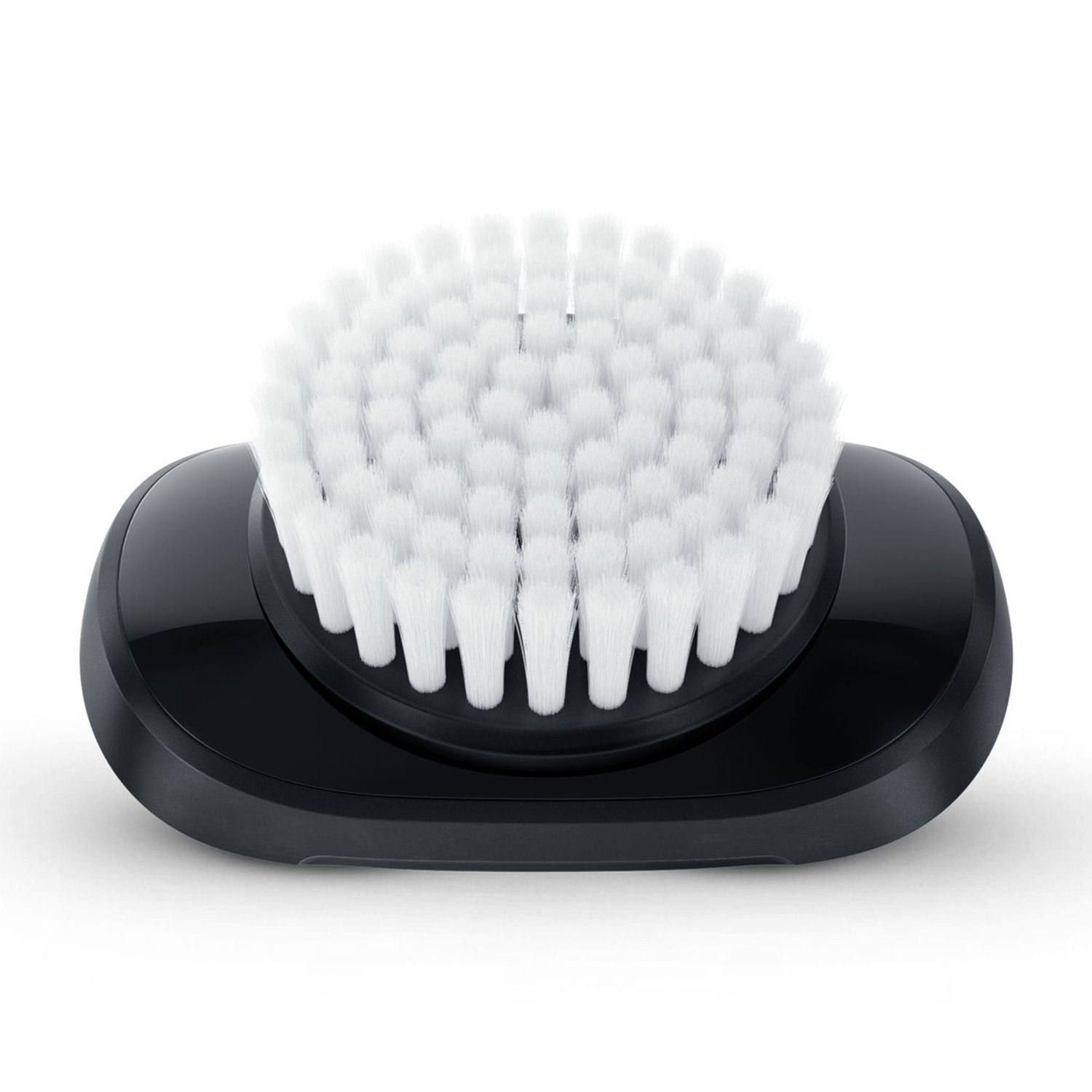 Primo piano di un accessorio spazzola bianco per il rasoio elettrico Braun. Base nera.