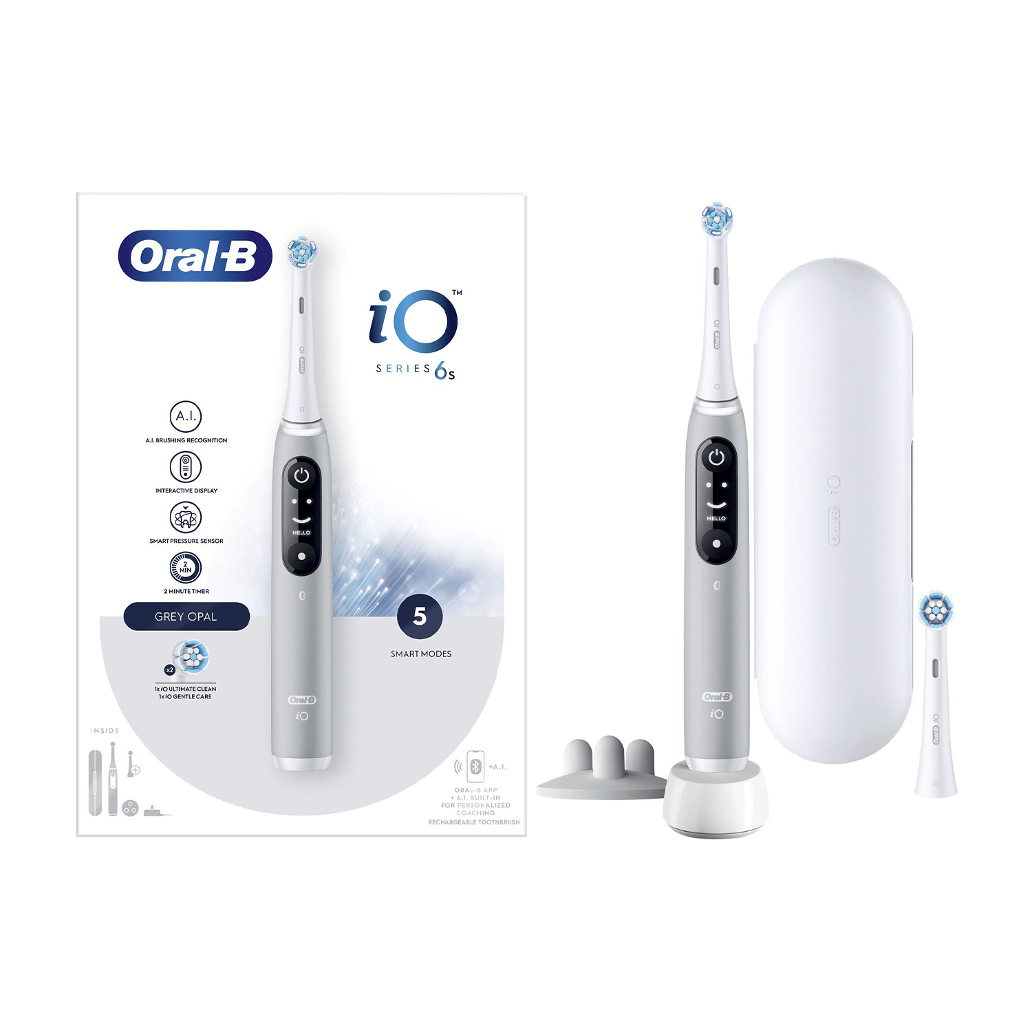 Due spazzolini elettrici grigi Oral-B iO Series 6s con accessori su sfondo bianco.