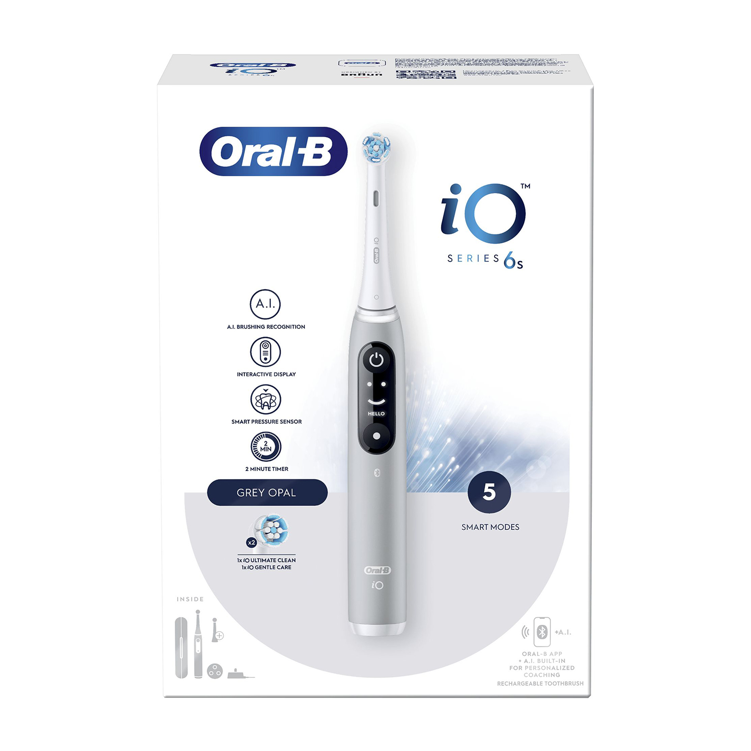 Una scatola di spazzolino elettrico Oral-B iO Series 6s. È grigio con un'immagine della spazzola.