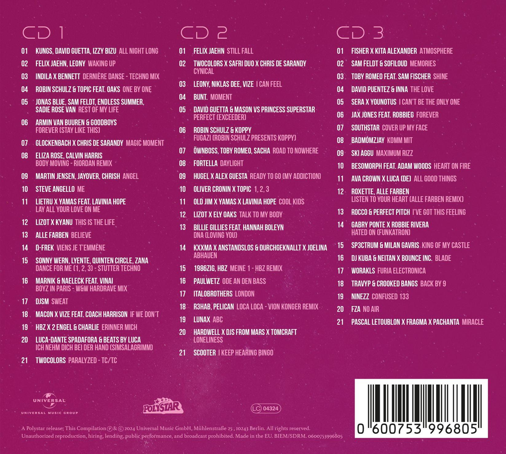 CD-Albumcover mit Titellisten, verschiedenen Songs und Künstlern, farbenfrohes Design.