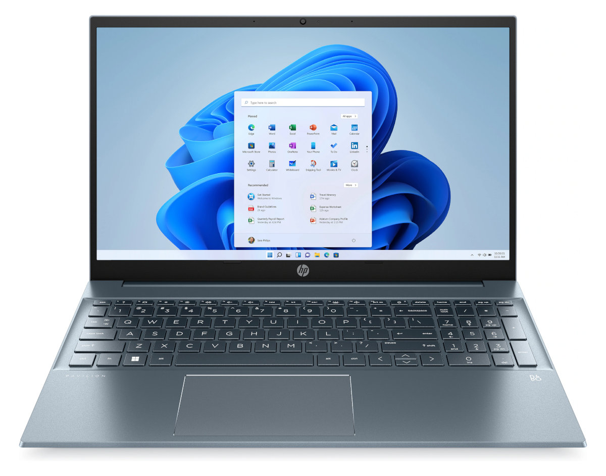 Otwarty niebieski laptop na białej powierzchni, widoczny interfejs Windows 11, z menu aplikacji.