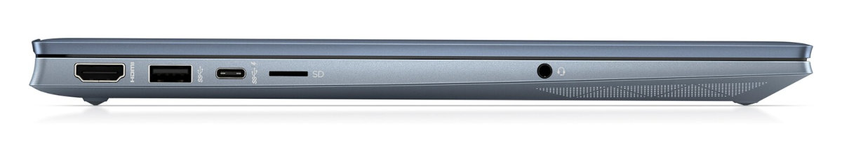 Profil boczny niebieskiego laptopa z portami: HDMI, USB, USB-C, SD i gniazdo słuchawkowe.