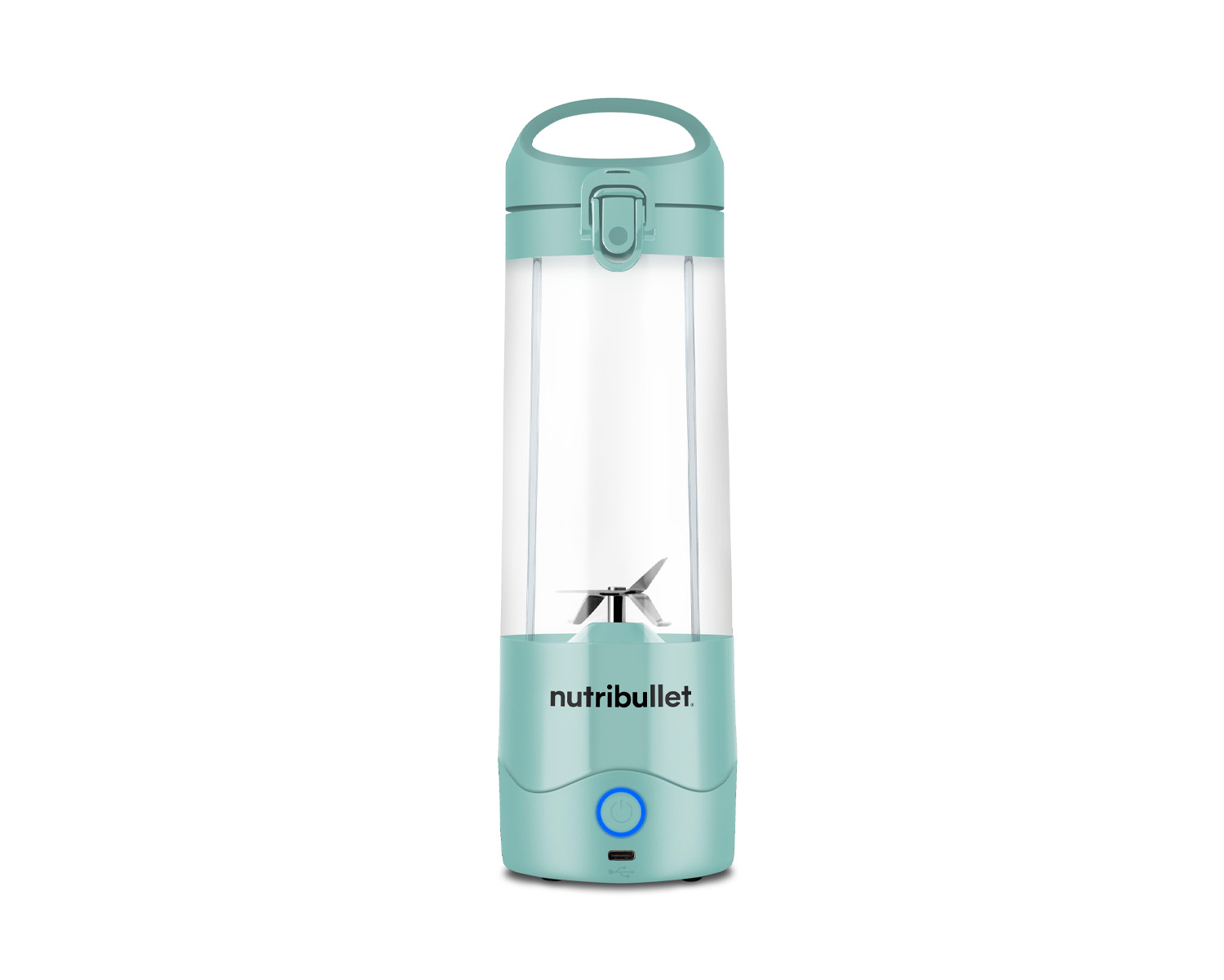 Ein türkisfarbener tragbarer Nutribullet-Mixer mit transparentem Behälter und schwarzer Klinge.