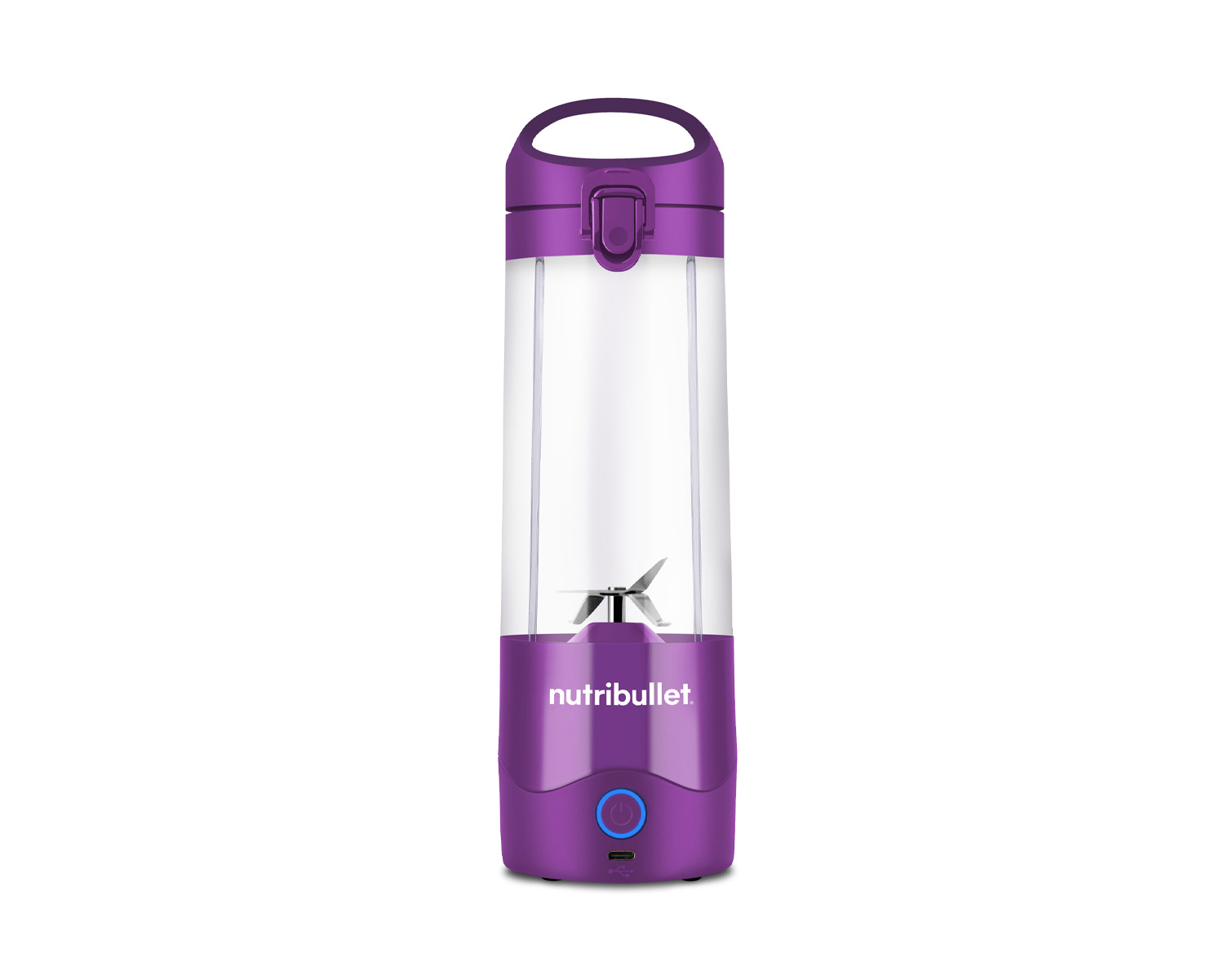 Ein violetter Nutribullet-Mixer mit transparentem Körper und einer schwarzen Klinge im Inneren.