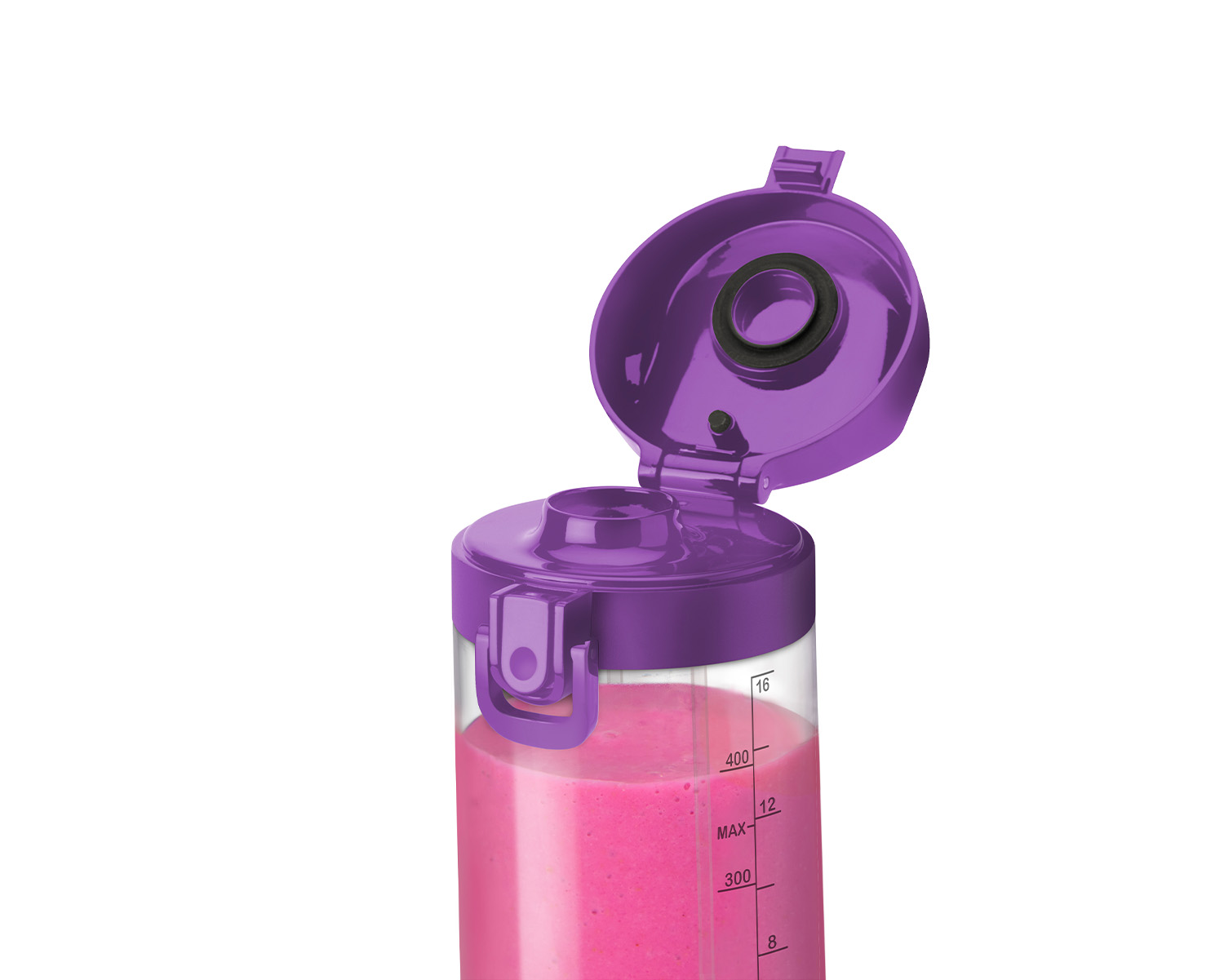 Eine lila Mixflasche mit offenem Deckel, der rosa Inhalt zeigt.