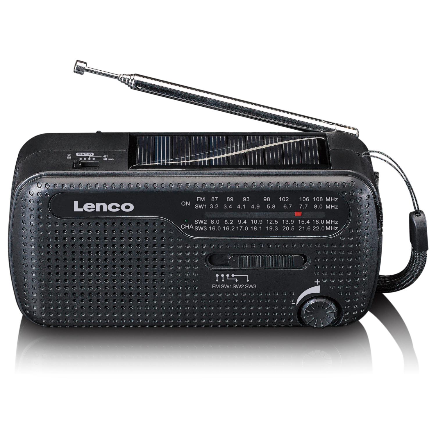 Black Lenco solar-powered radio.