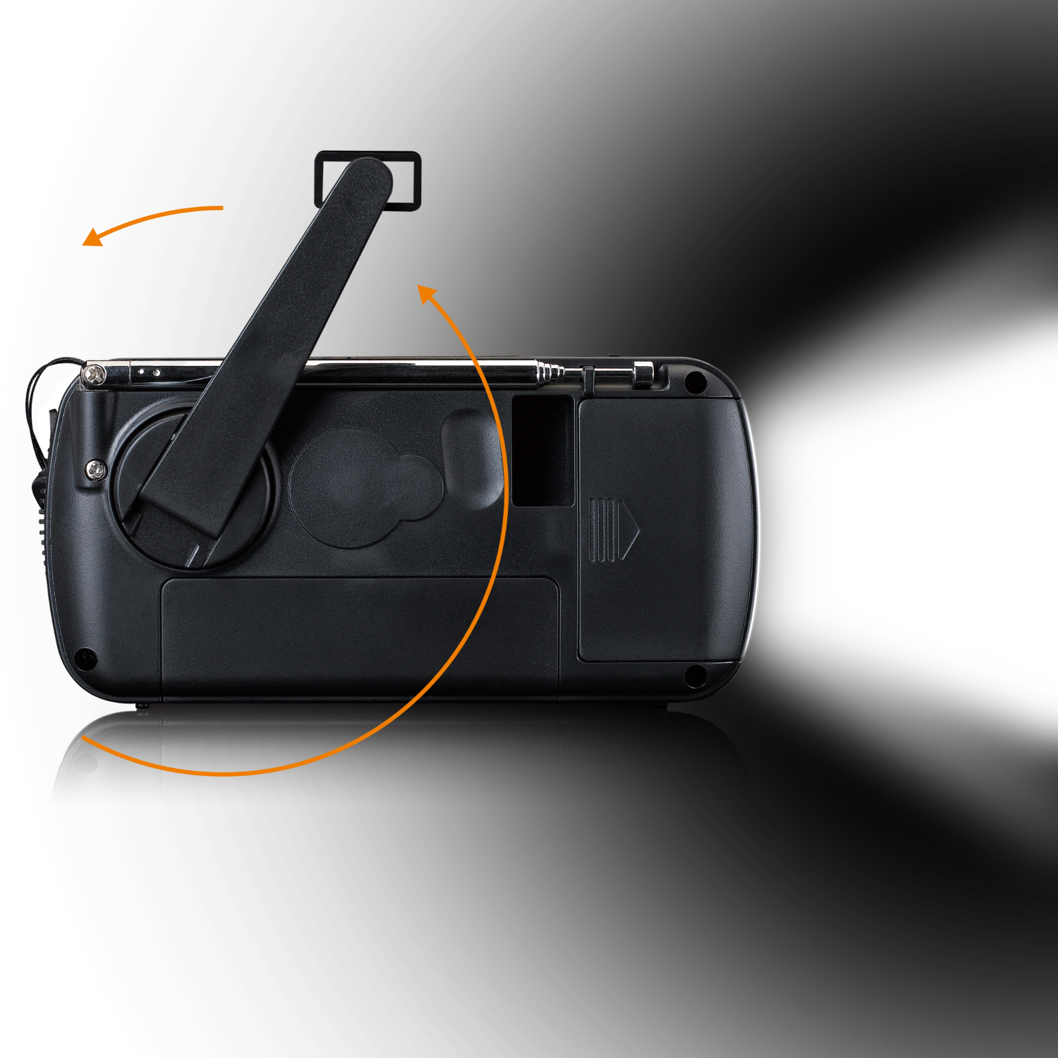 Black hand-crank radio. Orange arrows indicate cranking. Light beam shines from the right side.