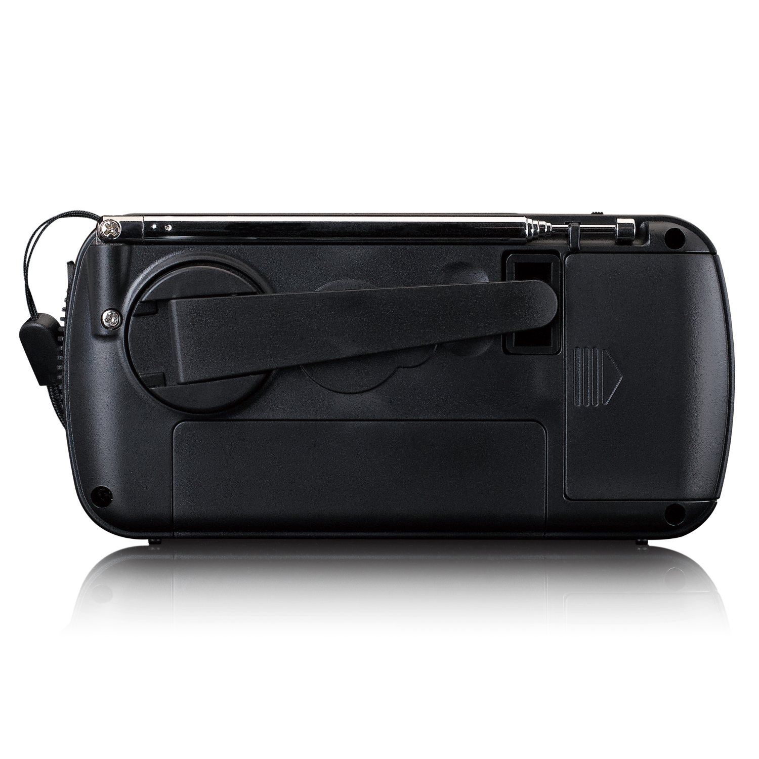 Black portable radio. It has an antenna, a handle, and a dial. The radio is on a white surface.