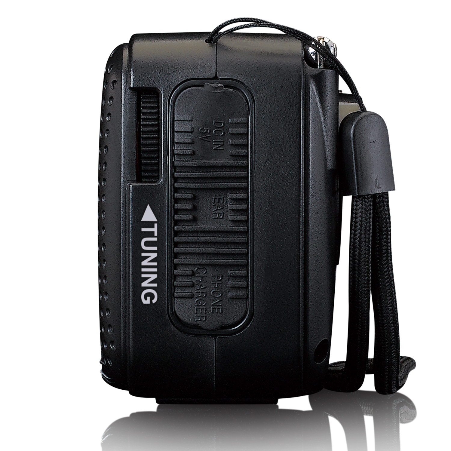 Black radio with tuning and volume controls. Earphone and charger ports visible.