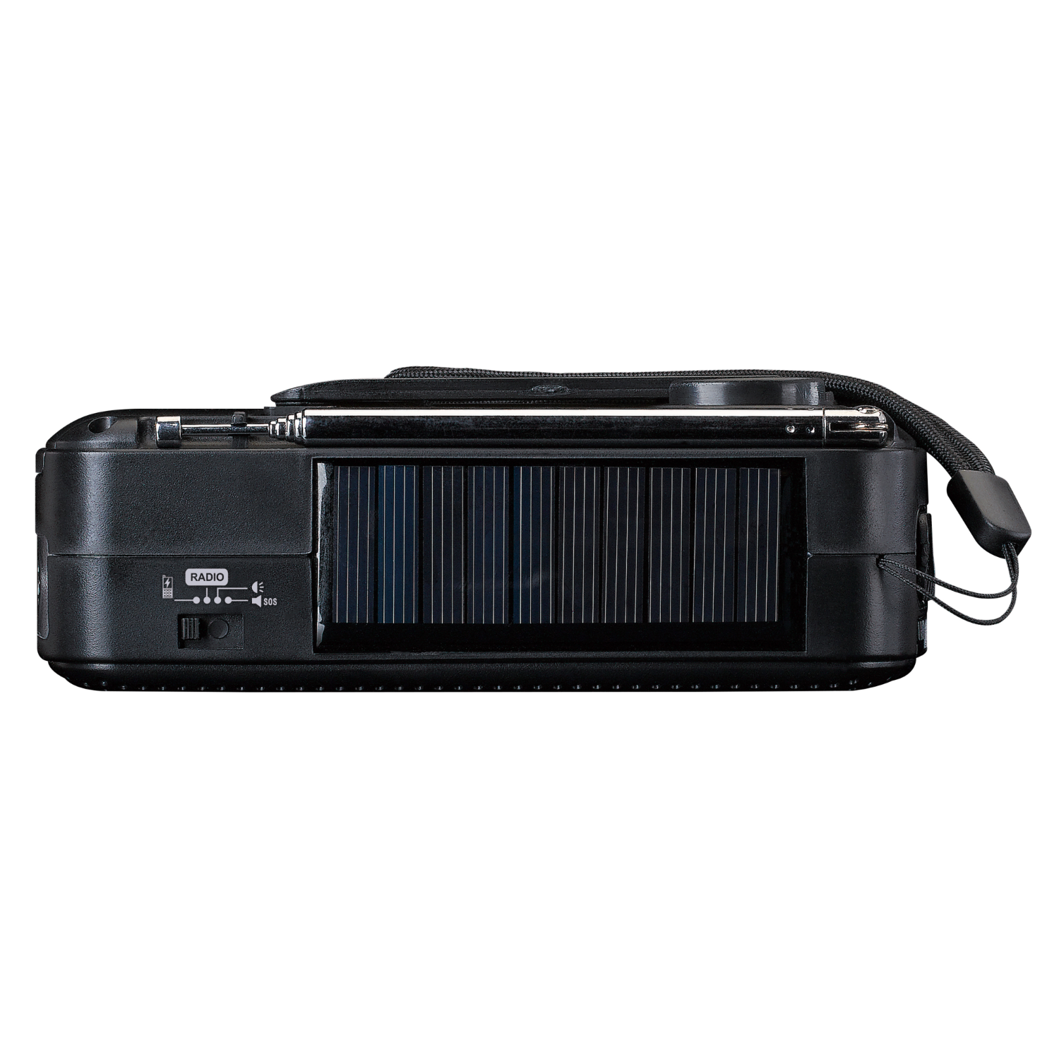 Black radio with solar panel and antenna, controls at the front. Hand strap attached.