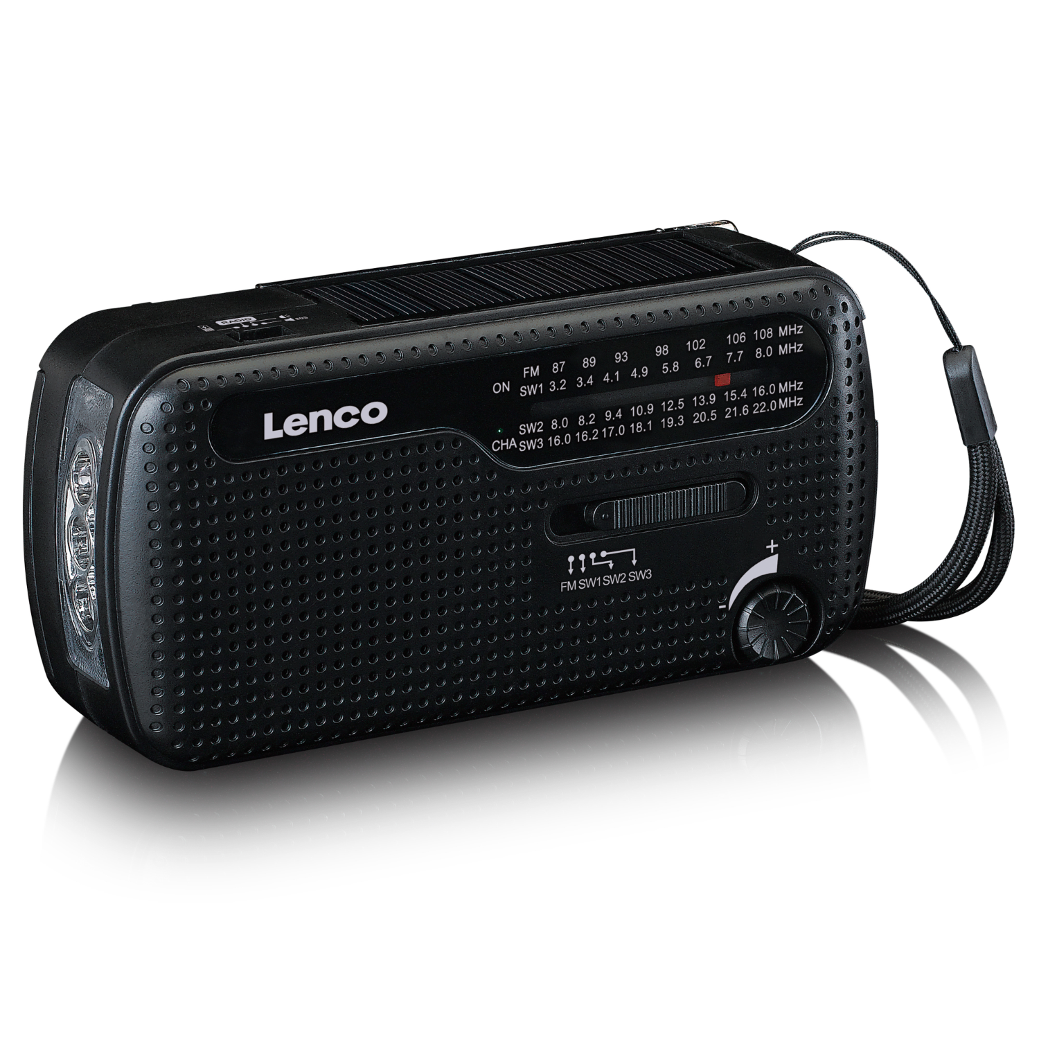 Black Lenco radio with a flashlight and control knobs.