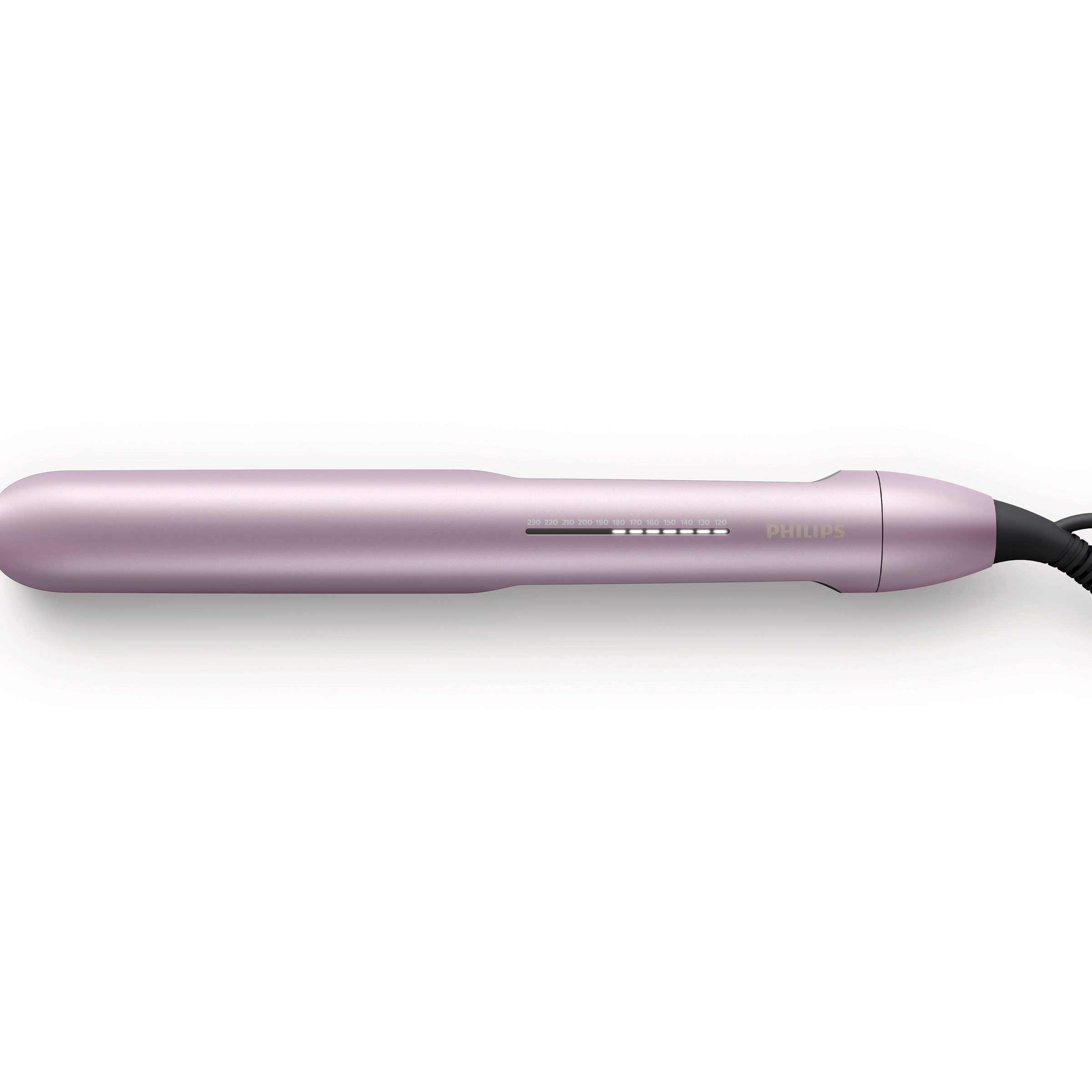 Różowa prostownica do włosów Philips z czarnym przewodem, na białej powierzchni.
