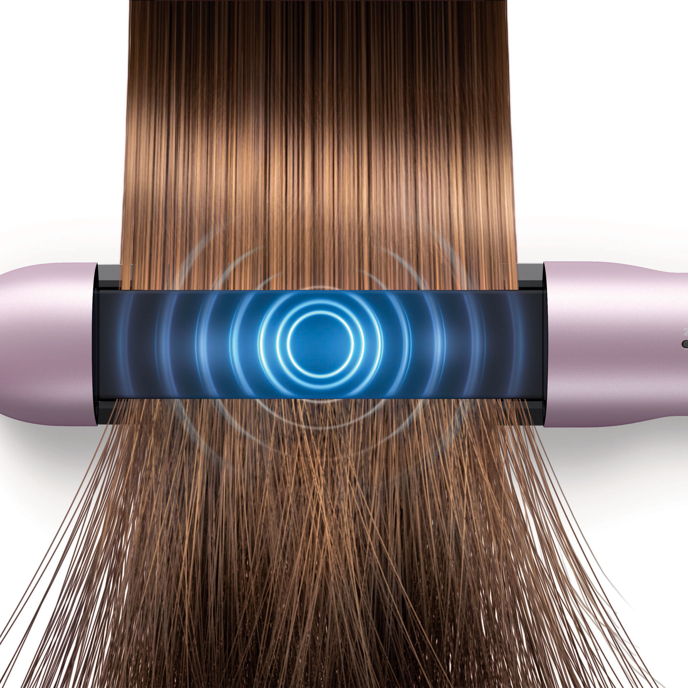 Włosy stylizowane lokówką, z niebieskim wskaźnikiem ciepła.